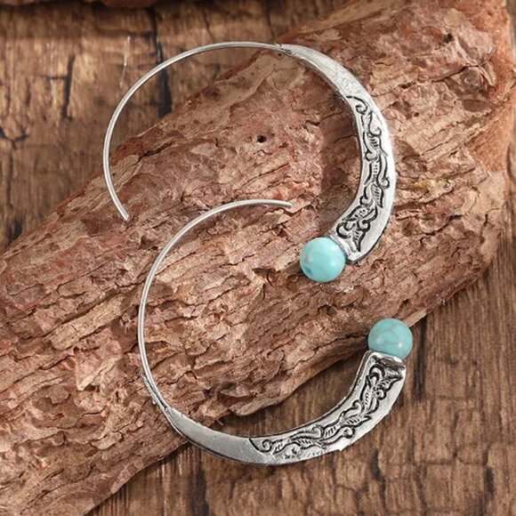 Large Silver Tone Feather Spiral Earrings in Turquoise Blue #1314 - Picture 1 of 8